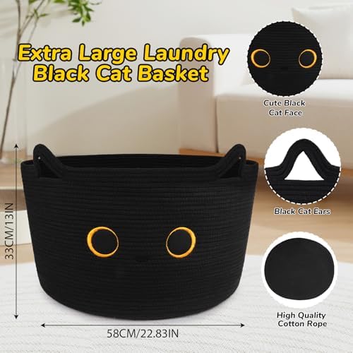 Large Black Cat Basket for Nursery,Cute Cat Woven Laundry Blanket Cotton - Image 2