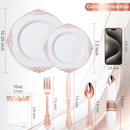 Nervure 700PCS Rose Gold Plastic Plates - Rose Gold Plastic Dinnerware Sets for 100 Guests - 200 White Disposable Plates, 300 Silverware, 100 Cups, 100 Napkins for Wedding & Party - Image 3
