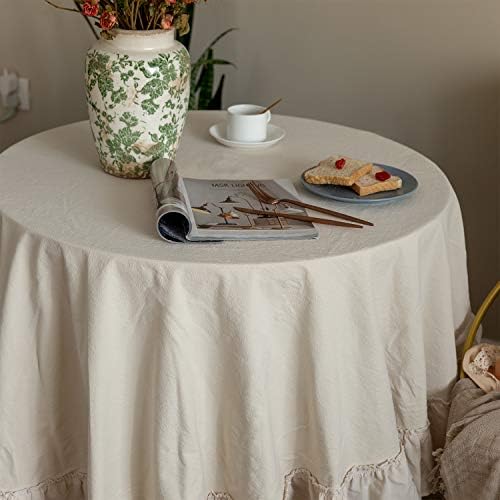 GLORY SEASON Retro Farmhouse Ruffle Round Tablecloth Cotton Flounces Trim Washable Table Cover White Tablecloths for Rectangle Table Baby Shower Kitchen Party Wedding Decor,70'' Round - Image 2