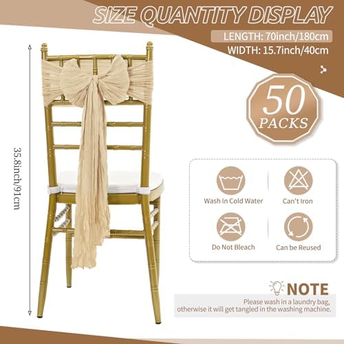 50 PCS Cheesecloth Chair Sashes Bows Wedding Aisle Decorations Chair Ribbon Ties Back Sash for Wedding Party Events Banquet Chair Cover Decoration (Beige) - Image 2