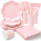 Vyntra Light Pink Paper Plates, Cups & Napkins, 350 Pcs Scalloped Party Set by PartyTablewareSupplies