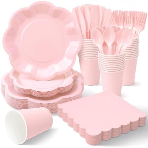 Vyntra Light Pink Paper Plates, Cups & Napkins, 350 Pcs Scalloped Party Set by PartyTablewareSupplies