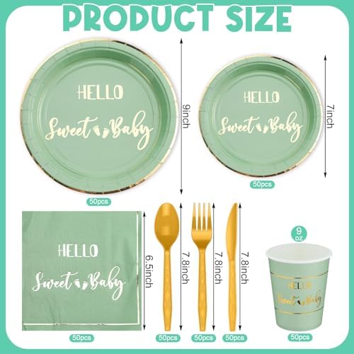 400 Pcs Baby Gender Reveal Plates and Cups and Napkins Sets with Forks Spoon Party Supplies Baby Shower Paper Tableware Gender Reveal Decorations Disposable Cutlery, Serves 50(Green,Hello Sweet) - Image 2