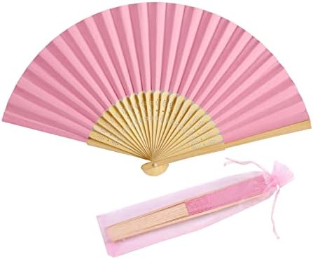 50pcs Paper Hand Fan with Organza Bags Bamboo Handheld Folding Fan DIY Decorative Wedding Party Favors (Pink) by SLcrafts
