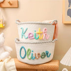 Personalized Cute Small Woven Basket with Handles, Custom Cotton Rope Room Shelf Storage Basket, Empty Decorative Gift Basket, Decorative Round Bin for Nursery Bedroom Bathroom (Style J) - Image 4