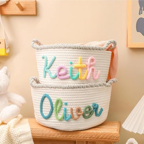Personalized Cute Small Woven Basket with Handles, Custom Cotton Rope Room Shelf Storage Basket, Empty Decorative Gift Basket, Decorative Round Bin for Nursery Bedroom Bathroom (Style J) - Image 4