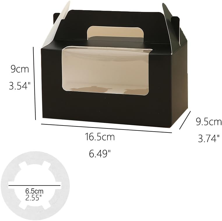JIYIXhylera 100 Pack Black Cupcake Boxes with Handle, 2 Cavity Kraft Paper Muffin Boxes with Clear Window, 6.49x3.74x3.54 Inch Cupcake Containers for Wedding, Birthday, Christmas Party Favors - Image 2