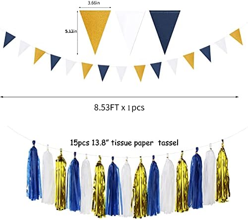 Navy Blue White Gold Party Decoration Paper Flowers,Banner Flags,Circle Banner,Tassel Garland Birthday Bachelorette Boy Baby Shower Gender Reveal Graduation Decorations - Image 4