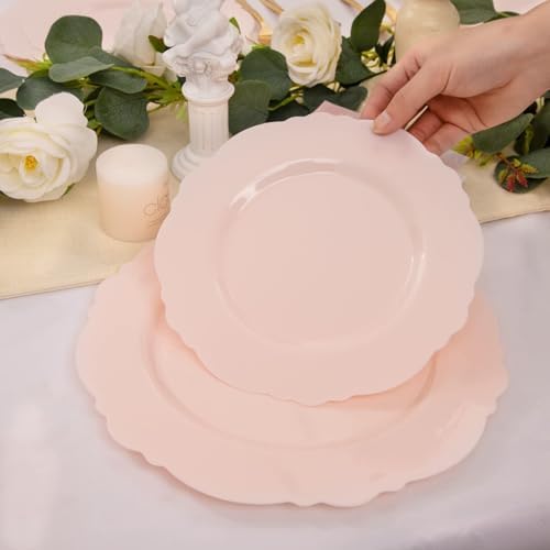 WDF 60pcs Pink Plastic Plates - Baroque Pink Disposable Plates Including 30 Dinner Plates 10.25inch, 30 Dessert Plates 7.5inch for Upscale Wedding/Baby Shower/Spring - Image 2