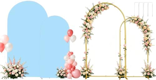 Set of 2 Metal Arch Backdrop Stands with Baby Blue Covers, 6/7.2FT by Laxwuqu