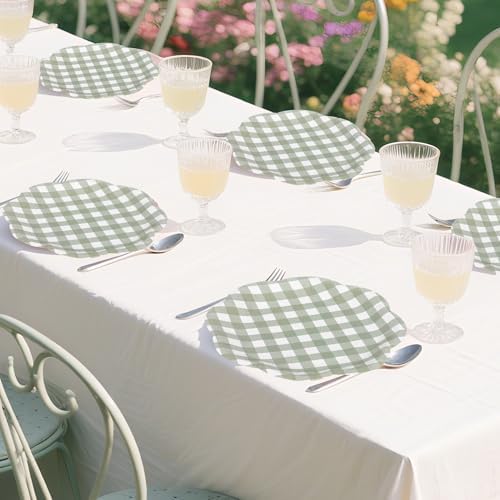 400 Pcs Gingham Party Supplies for 50 Guests Sage Green and White Scalloped Paper Plates and Napkins Knives Spoons Forks Cups Disposable Checkered Dinner Party Set for BBQ Baby Shower Wedding - Image 5