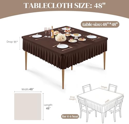Wish Care Chocolate Spandex Tablecloths for 48x48 Inch Square Tables, Stretch Fitted Table Clothes with Pleated Ruffle Skirt for 48” Table, Wrinkle Free and Elastic, for Party Kitchen Home Dining - Image 2