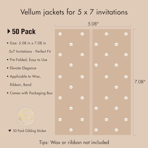 50 Pack Pre-Folded Vellum Jackets for 5x7 Invitations,AZAZA Translucent Invitation Sleeves,115GSM Vellum Jackets 5x7, Wedding Invitation Accessories, for Weddings Birthdays Baby Showers,Elegant Pearl - Image 2