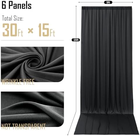 gogoparti 30x15 ft Black Backdrop Curtain for Weddings & Parties - 6-Panel Wrinkle-Free Polyester Drape, 15 FT Long for Birthday, Baby Shower, Halloween Photography Background - Image 3