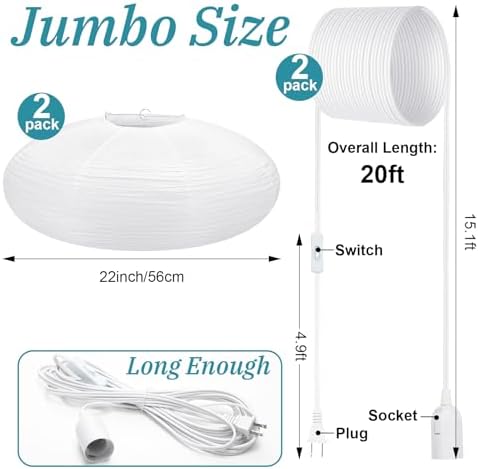 Rossesay 2 Sets Jumbo Paper Lanterns with Lamp Cord Cable White Hanging Paper Lanterns Chinese Japanese Pendant Hanging Lamp for Birthday Wedding Bridal Anniversary Party Decoration (Oval,22 Inch) - Image 2