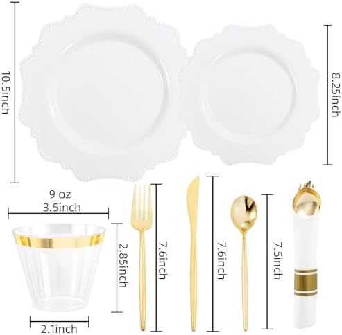 COLOSUS 350PCS Fancy White Plastic Plates With Gold Plastic Cutlery Set. - Image 3