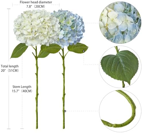 ZYTUYO 2PCS White & 2PCS 20" Light Blue Hydrangea Artificial Flowers Real Touch Faux Hydrangeas with Long Stem for Spring Home Decor Baby Shower Floral Arrangement Kitchen Party Wedding Xmas Decor - Image 6