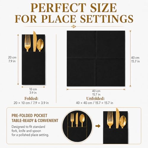 100 Pcs Black Napkins Disposable Linen Feel Dinner Paper Napkins with Built-in Flatware Pocket, Airlaid Paper Pre-Folded Napkins for Silverware Baby Shower Easter Wedding Birthday Party - Image 4