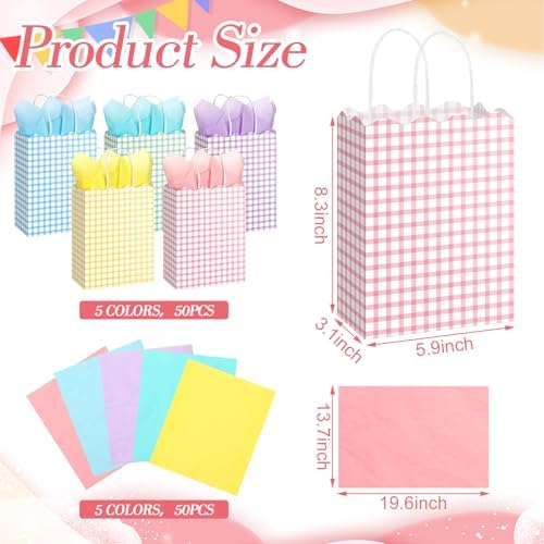 AmazingSpark 50 Pcs Pastel Gift Bags with Handles and Tissue Paper,Gingham - Image 2