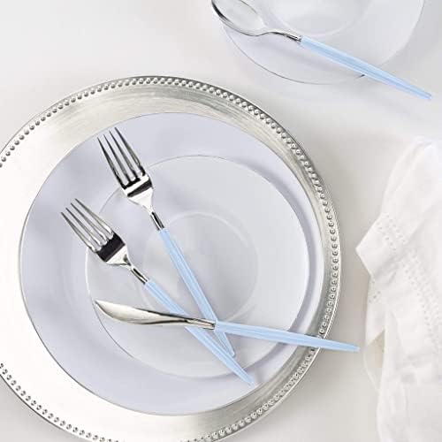 Luxe Party 128 Pieces Two Tone Plastic Disposable Cutlery | Forks-Spoons-Knives | Full Size | Chic Round | Ice Blue and Silver - Image 5