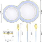 WDF 150pieces Baby Blue Plastic Plates with Gold Rim - Disposable Gold Plastic Silverware With Blue Handle-Baroque Light Blue&Gold Disposable Plates Dinnerware for Wedding/Party (Pack of 2) - Image 2