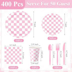 Pickmesh 400 Pcs Pink and White Checkered Party Decorations Plates Serve 50 - Image 3