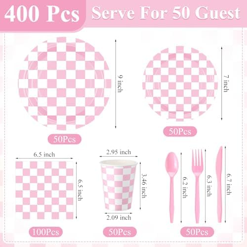 Pickmesh 400 Pcs Pink and White Checkered Party Decorations Plates Serve 50 - Image 3