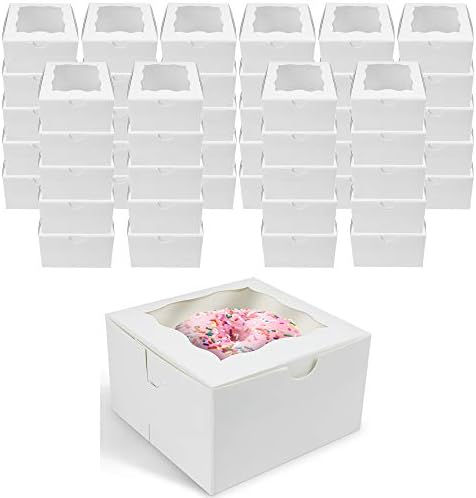 O'CREME [50 Pack] Small Bakery Cake Boxes With Window, 4x4x2.5, Cupcakes Donuts Cookies Pastries, For Wedding Treats Party Favors Showers Gift, White Paper Kraft Cardboard Mini Packaging Containers by OCreme