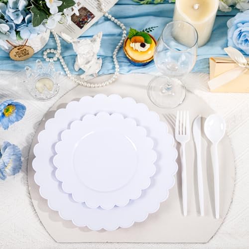 150 Pcs White Heavy Duty Plastic Plates for Party Scalloped Plates - Image 2