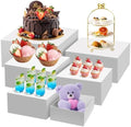Buffet Risers and Stands Set of 6, White Acrylic Dessert Table Display Risers Set for Cakes, Cupcakes, desserts and Party Food, Stackable food display risers for party Weddings and Retail Displays by Mystique+Maison