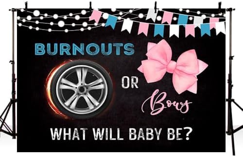 MEHOFOND 8x6ft Burnouts or Bows Gender Reveal Backdrop Black He or She What Will Baby Be Decorations Banner Boy or Girl Gender Reveal Baby Shower Photography Background Cake Table Supplies - Image 3
