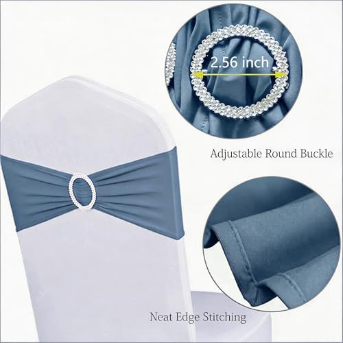 Pack of 100 Dusty Blue Chair Sashes Bows Spandex Chair Bands Silver Buckles - Image 4
