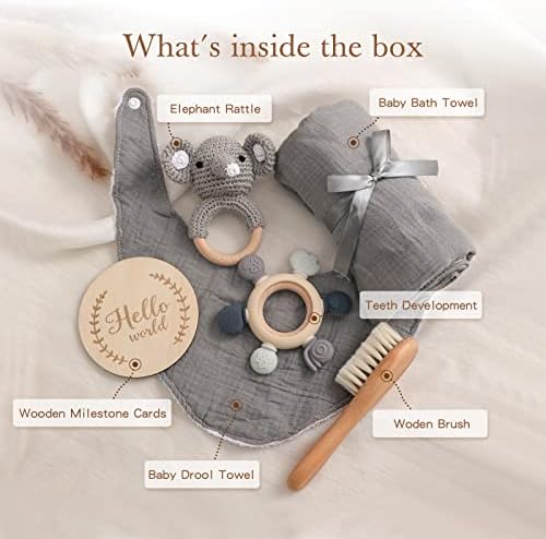 YOUUYS Baby Gift Set for Newborn - Baby Essential Bath Basket Gift Set with Baby Blanket Baby Rattle Teether Toy & Hair Brush Newborn Shower Gift for Baby Girls Boys 6PCS (Elephant) - Image 3