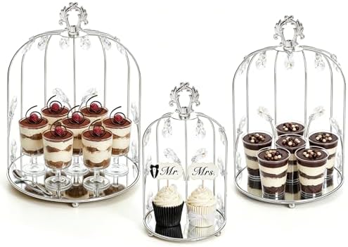 Set of 3 Metal Birdcage Cake Stand Set with Crystal Accents, Elegant Cupcake Holder Display for Wedding, Birthday, Baby Shower, Party Dessert Table Decorations (Silver, Set of 3) by kehail