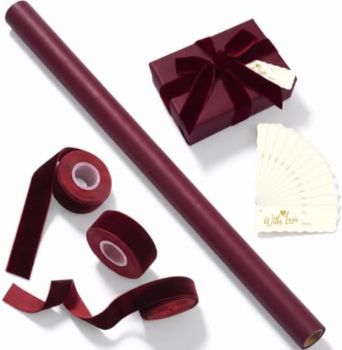 Burgundy Christmas Kraft Wrapping Paper 45 ft Velvet Ribbon 12 Gift Tags by Ctosree