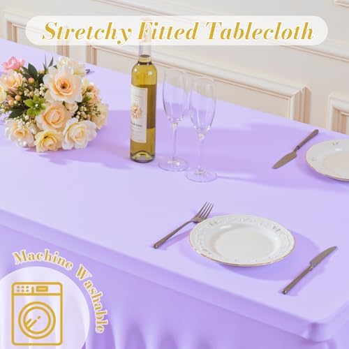 2 Pack Purple Table Cloth for 8 Foot Rectangle Tables Spandex Fitted Tablecloth 8ft Stretch Table Covers Skirt Purple Banquet Tablecloths Wrinkle Free Tablecloth for Party Wedding Birthday Event - Image 7