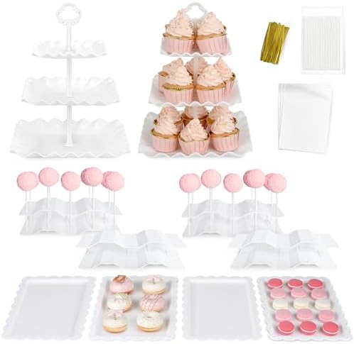 NWK Pack of 11 Cake Stand Set of Cupcake Stand, Tray & Cake Pop Stands by NWK