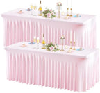 Wish Care 2 Pack Pink Spandex Table Clothes for 4 Foot Rectangle Tables, 4FT Wrinkle Free Fitted Tablecloths Ruffles Design Table Cover for Party, Banquet, Wedding and Events by WishCare