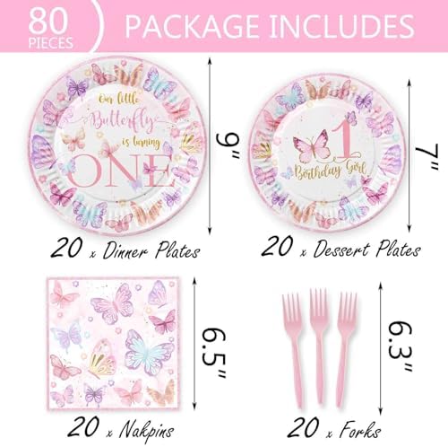 316 Pcs Butterfly 1st Birthday Party Decorations, Pink Our Little Butterfly is Turning One Party Supplies Include Backdrop, Hanging Swirls, Plates, Cups, Tablecloth, Cupcake Toppers, Latex Balloons - Image 3