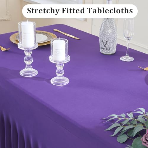 2 Pack Purple Spandex Table Clothes for 8 Foot Rectangle Tables, Wrinkle Free Fitted Table Cover 8ft Stretch Tablecloths Desk Skirt for Parties Weddings Birthday Banquet Baby Shower - Image 3