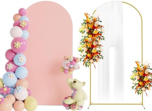 Arch Backdrop Stand and Cover Set, 6.6ft Arch Stand with Pale Pink Cover by Putros