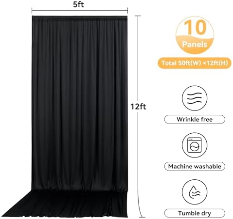 10 Panels 5x12ft Wrinkle Free Black Backdrop Curtains for Parties, Polyester Photo Backdrop Drapes 12 ft Long Back Drop Cloth for Wedding Birthday Photography Background, 50ftx12ft - Image 5