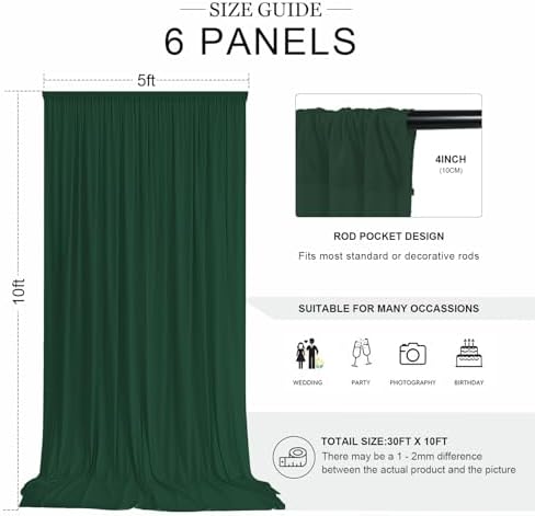 30ft x 10ft Hunter Green Wrinkle Free Backdrop Curtains for Wedding Party Backdrops Curtain Drapes Fabric Decorations Photo Back Drop Cloth for Baby Shower Photography Stage Reception - Image 2