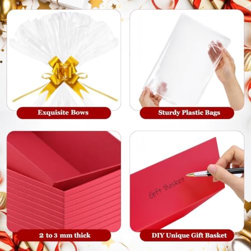 AFOROEOA 6 Pack Red Gift Baskets Empty, 10x8 Thick Paper Basket with 6 Clear Bags and 6 Pull Bows, Red Empty Gift Baskets for Christmas Valentine Wedding Birthday Holiday Party Wrapping - Image 4
