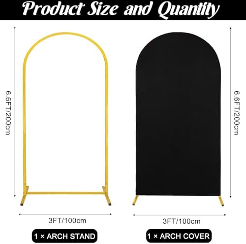 Metal Arch Stand and Cover Set,1 Black Spandex Fitted Backdrop with 1 Gold Wedding Arched Stand Frame for Parties Birthday Baby Shower Bridal Banquet Decoration (6.6FT) - Image 2
