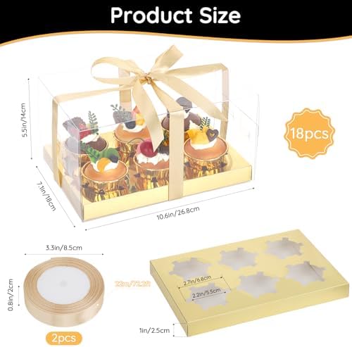 EUSOAR Cupcake Containers, 18 Pack Gold Cupcake Boxes Dessert Cookies Muffins Pastry Carrier 6 Count, Rectangle Bakery Cake Containers Assembly Plastic Holder for Wedding Birthday Party Favor Gifts - Image 2