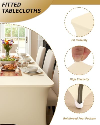 Fixwal 3 Pack 8FT Ivory Tablecloth Rectangle Spandex Fitted Table Cover - Image 4