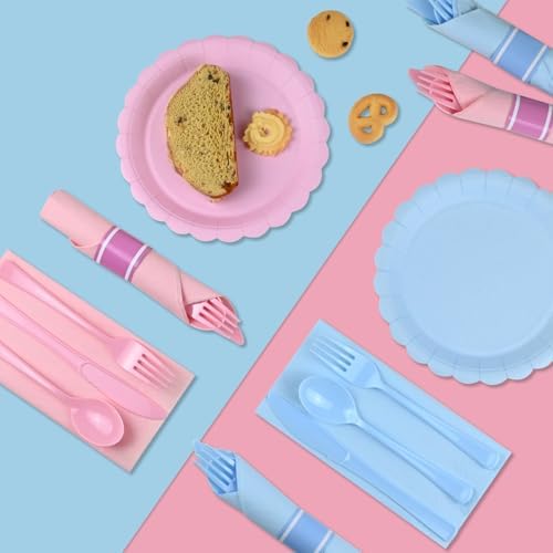60Pack Pre Rolled Gender Reveal Cutlery Set with Napkins, Pink & Blue Disposable Plastic Silverware for Baby Shower, Birthday Party, Boy or Girl Reveal Party, Pre Wrapped Utensils Tableware - Image 6