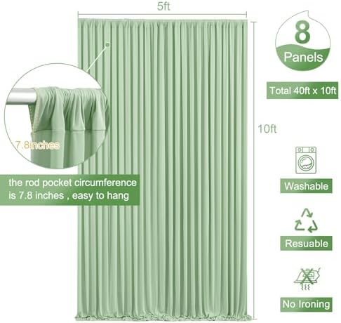40ft x 10ft Wrinkle Free Sage Green Wedding Backdrop Curtains for Party Bridal Shower Reception Decorations Sage Green Fabric Curtain Backdrops Drapes for Photography Baby Shower Birthday Background - Image 5