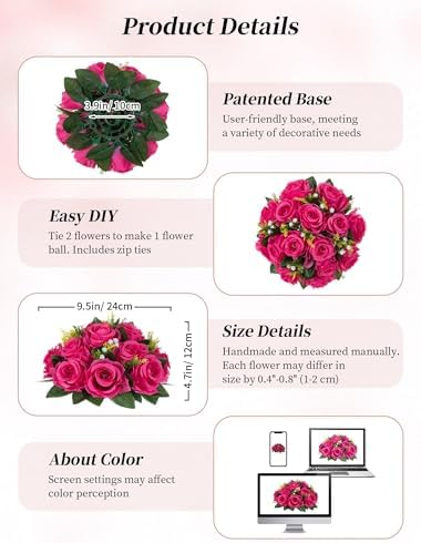 BLOSMON Pink Roses Artificial Flowers: 6 Pcs Fake Flower Balls Table Decor - Image 6